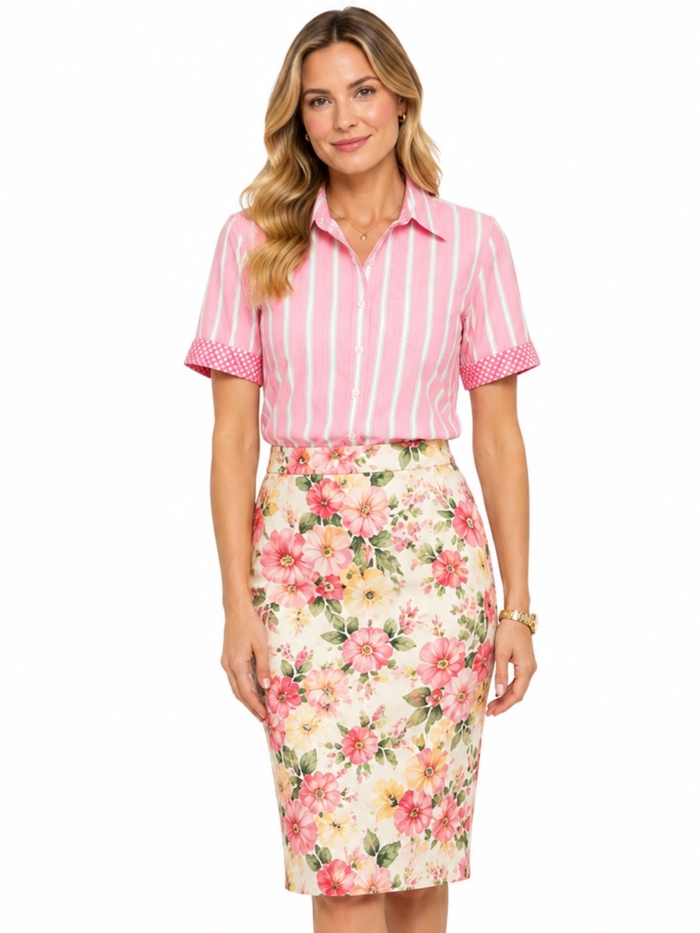 L.L. Bean Pink, White & Green Striped Cotton Button-Down